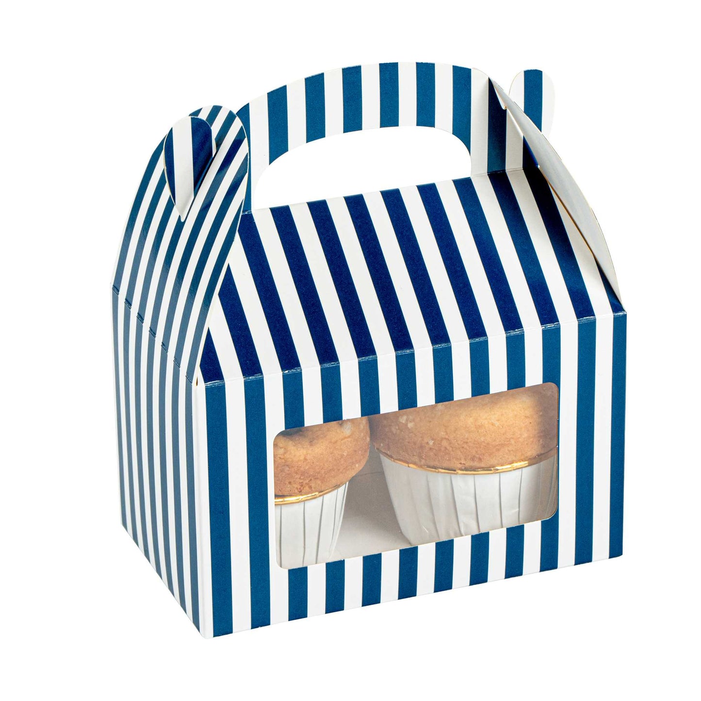 Bio Tek Blue & White Stripe Paper Gable Box / Take Out Container - with Window - 6" x 3 1/2" x 3 1/2" - 25 count box