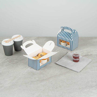 Bio Tek Blue & White Stripe Paper Gable Box / Take Out Container - with Window - 6" x 3 1/2" x 3 1/2" - 25 count box