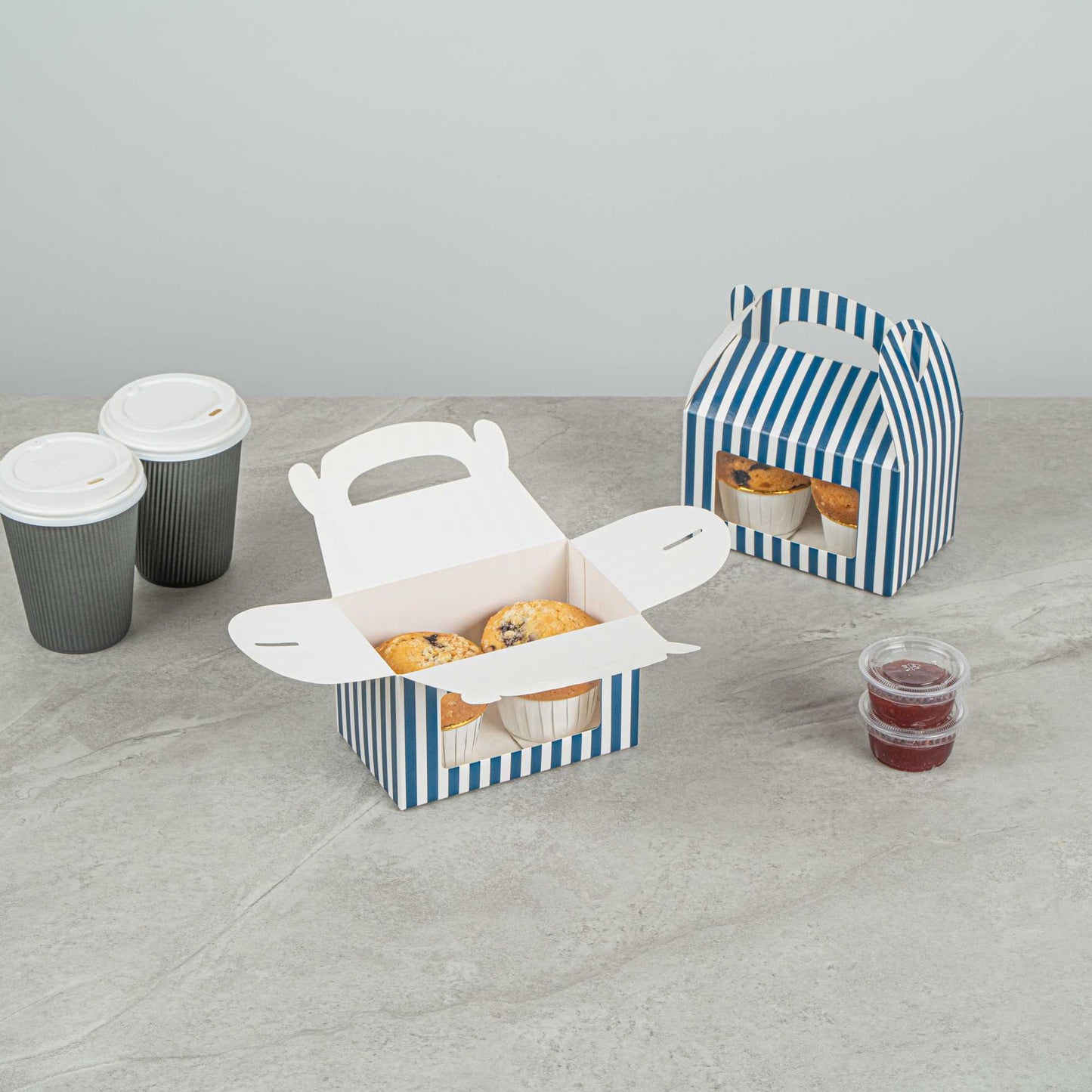 Bio Tek Blue & White Stripe Paper Gable Box / Take Out Container - with Window - 6" x 3 1/2" x 3 1/2" - 25 count box