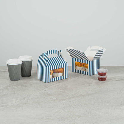Bio Tek Blue & White Stripe Paper Gable Box / Take Out Container - with Window - 6" x 3 1/2" x 3 1/2" - 25 count box
