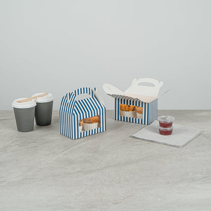 Bio Tek Blue & White Stripe Paper Gable Box / Take Out Container - with Window - 6" x 3 1/2" x 3 1/2" - 100 count box