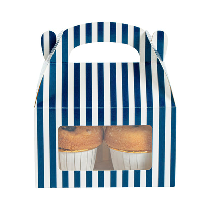 Bio Tek Blue & White Stripe Paper Gable Box / Take Out Container - with Window - 6" x 3 1/2" x 3 1/2" - 100 count box