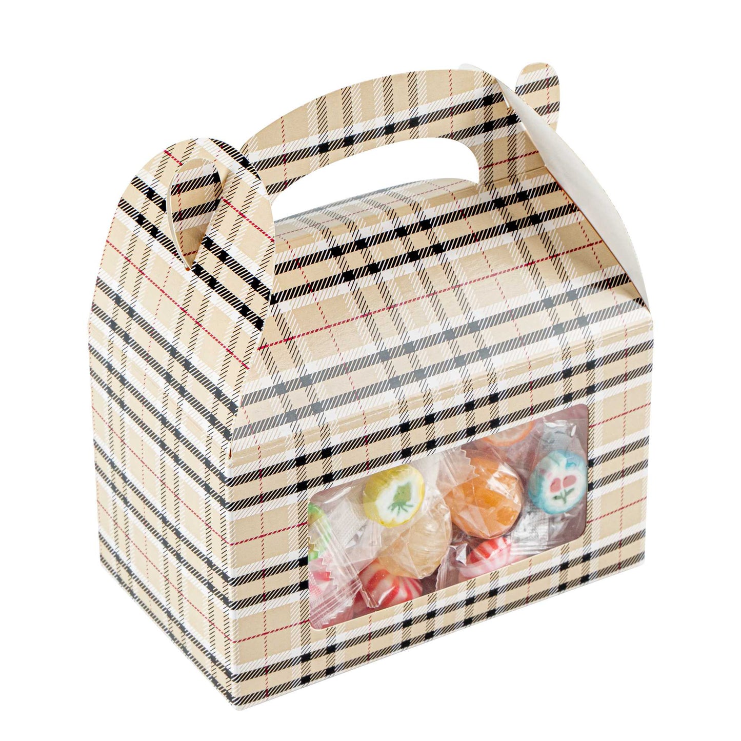Bio Tek Plaid Paper Gable Box / Take Out Container - with Window - 6" x 3 1/2" x 3 1/2" - 25 count box