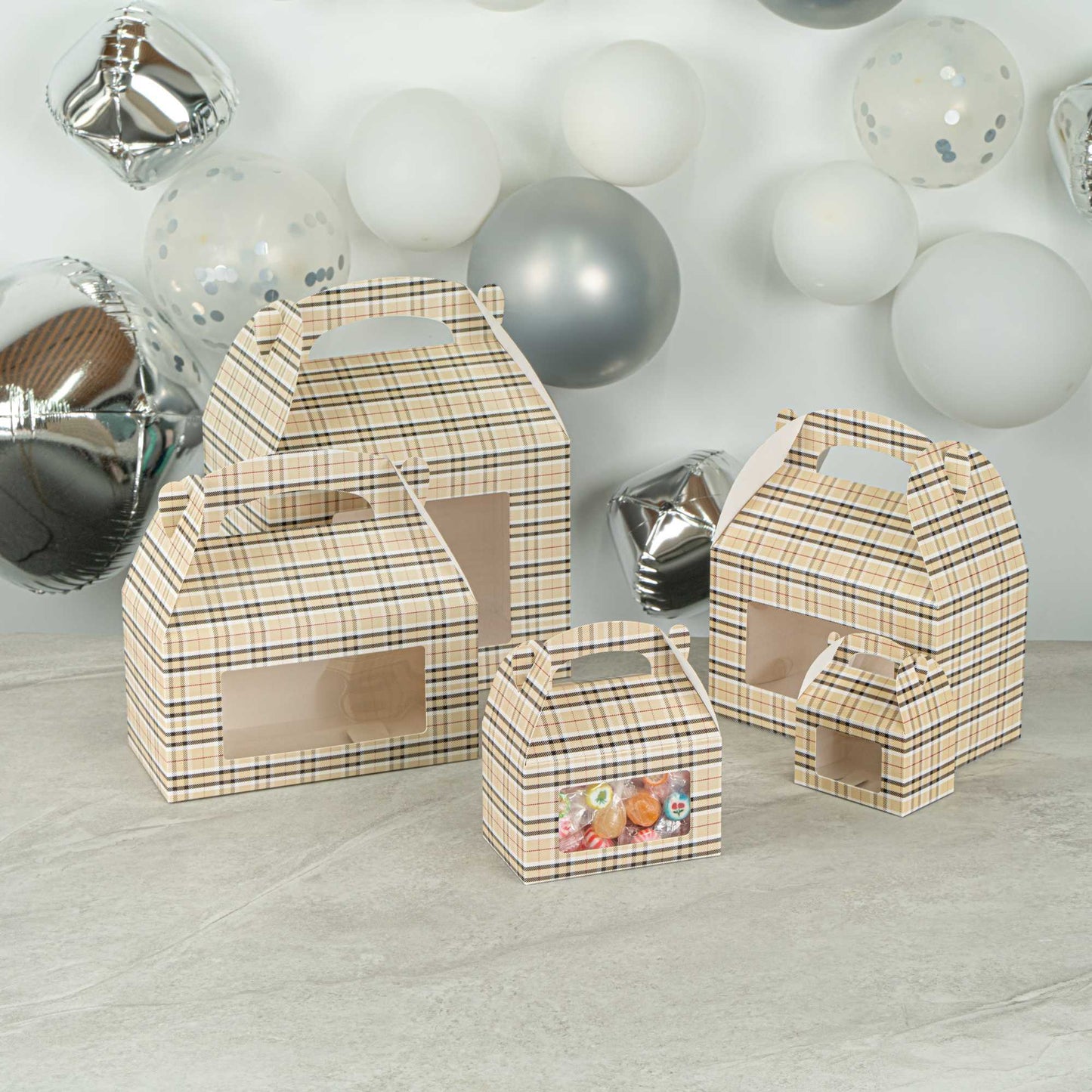 Bio Tek Plaid Paper Gable Box / Take Out Container - with Window - 6" x 3 1/2" x 3 1/2" - 25 count box