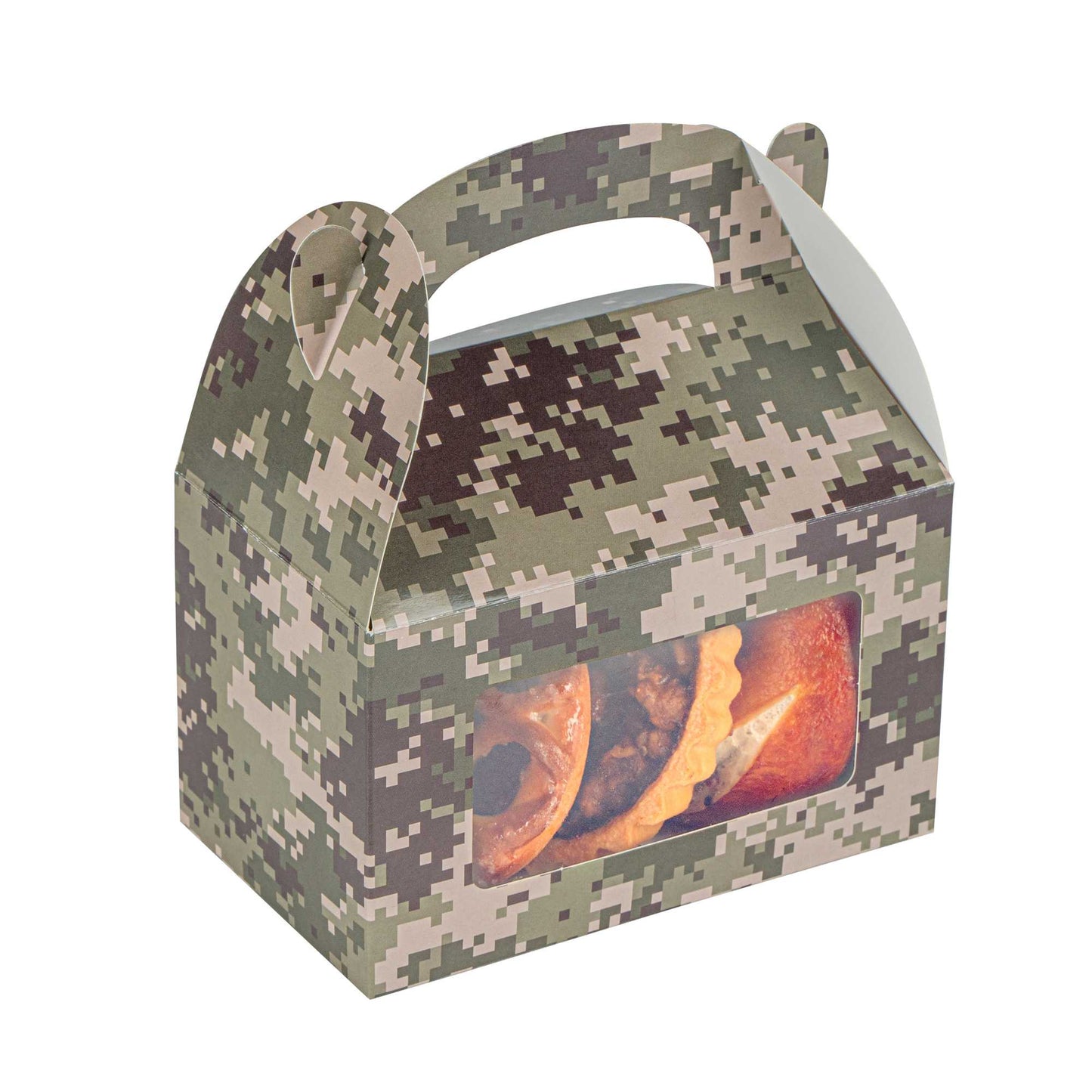 Bio Tek Camouflage Paper Gable Box / Take Out Container - with Window - 6" x 3 1/2" x 3 1/2" - 25 count box