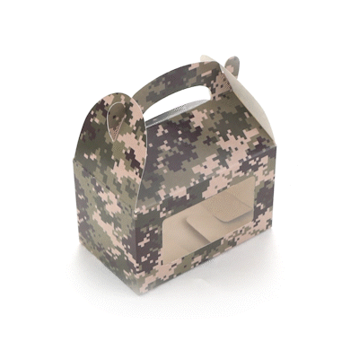 Bio Tek Camouflage Paper Gable Box / Take Out Container - with Window - 6" x 3 1/2" x 3 1/2" - 25 count box