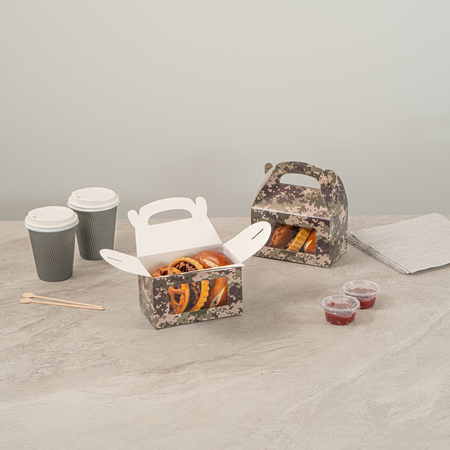 Bio Tek Camouflage Paper Gable Box / Take Out Container - with Window - 6" x 3 1/2" x 3 1/2" - 100 count box