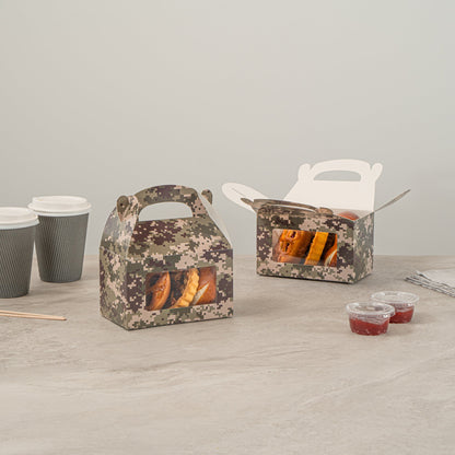 Bio Tek Camouflage Paper Gable Box / Take Out Container - with Window - 6" x 3 1/2" x 3 1/2" - 100 count box