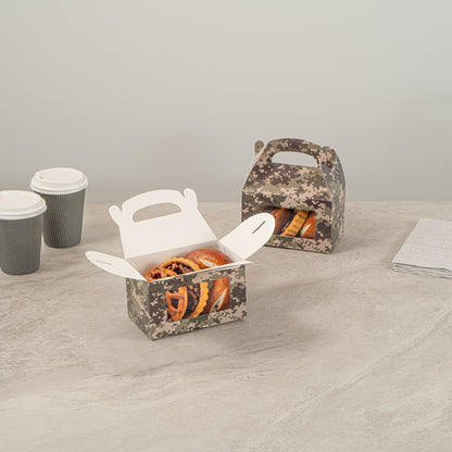 Bio Tek Camouflage Paper Gable Box / Take Out Container - with Window - 6" x 3 1/2" x 3 1/2" - 100 count box