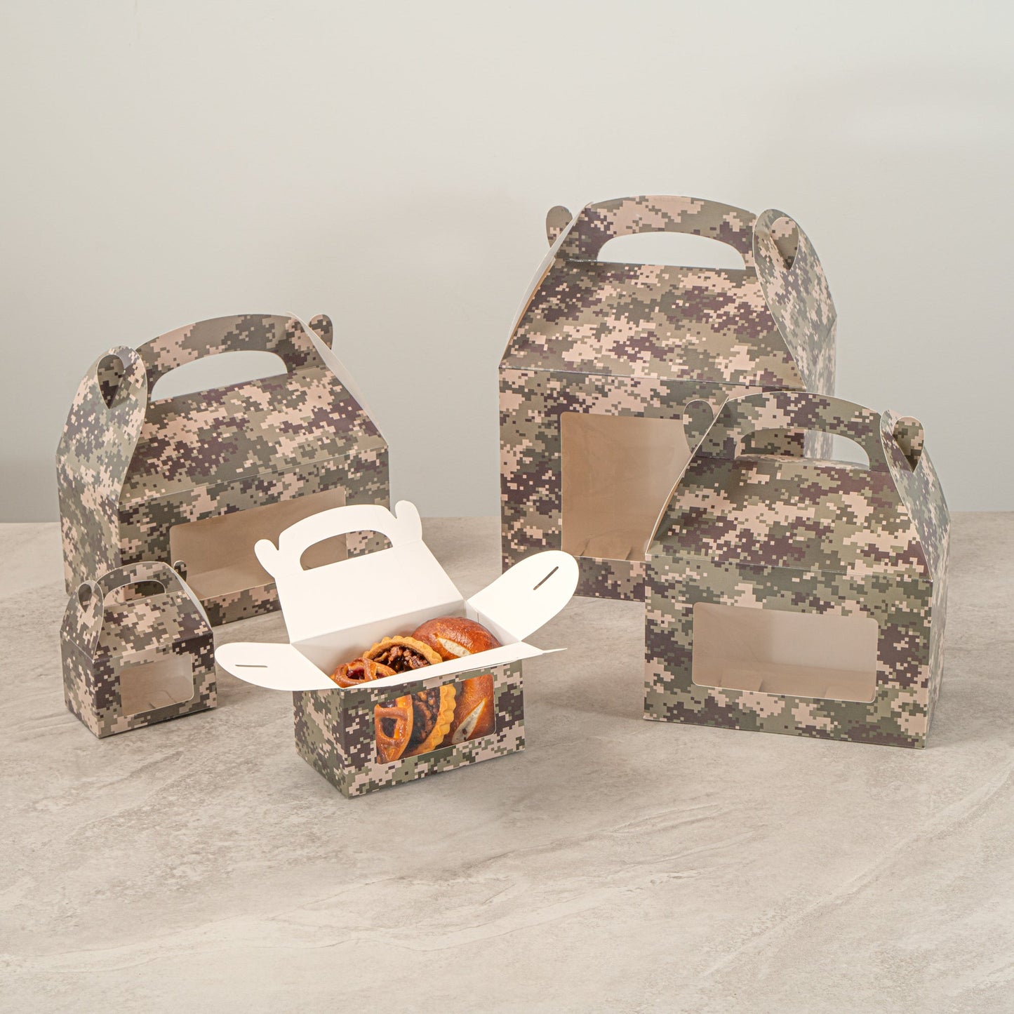 Bio Tek Camouflage Paper Gable Box / Take Out Container - with Window - 6" x 3 1/2" x 3 1/2" - 100 count box
