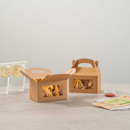 Bio Tek Kraft Paper Gable Box / Take Out Container - Greaseproof, with Window - 6" x 3 1/2" x 3 1/2" - 25 count box