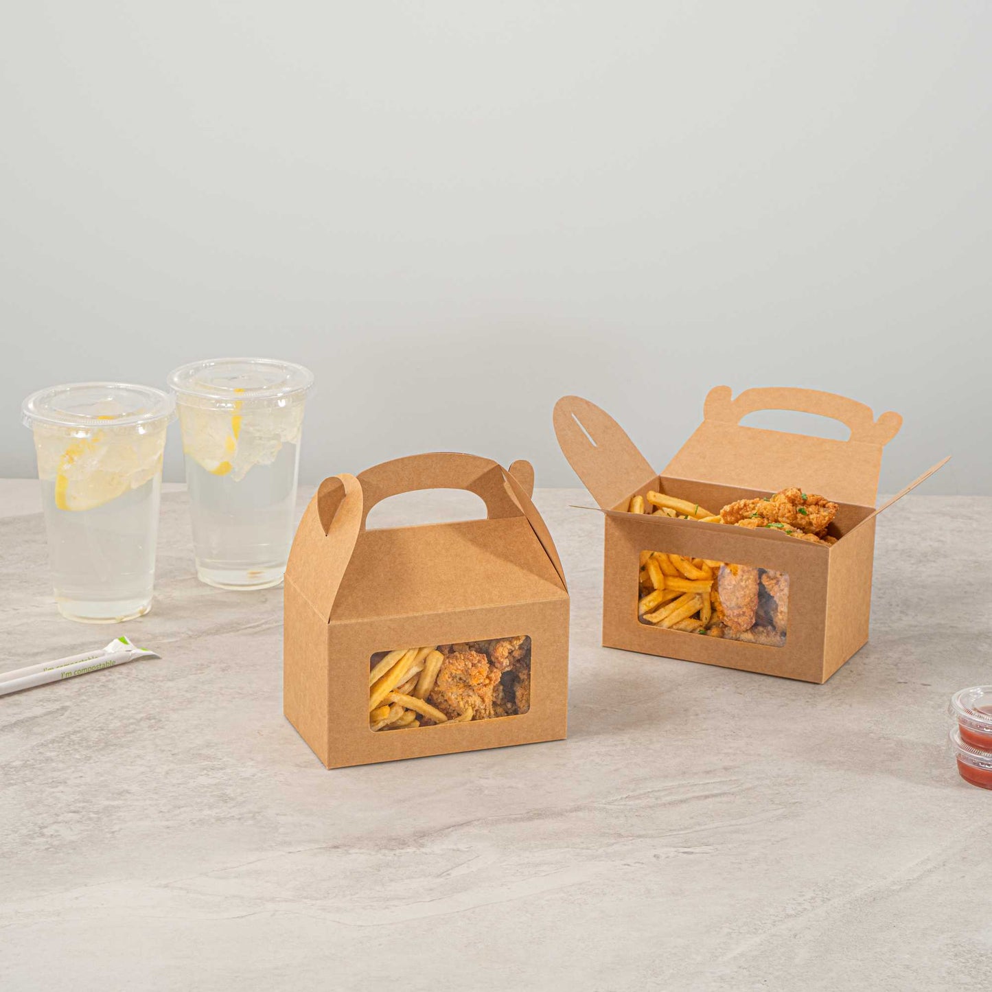Bio Tek Kraft Paper Gable Box / Take Out Container - Greaseproof, with Window - 6" x 3 1/2" x 3 1/2" - 25 count box
