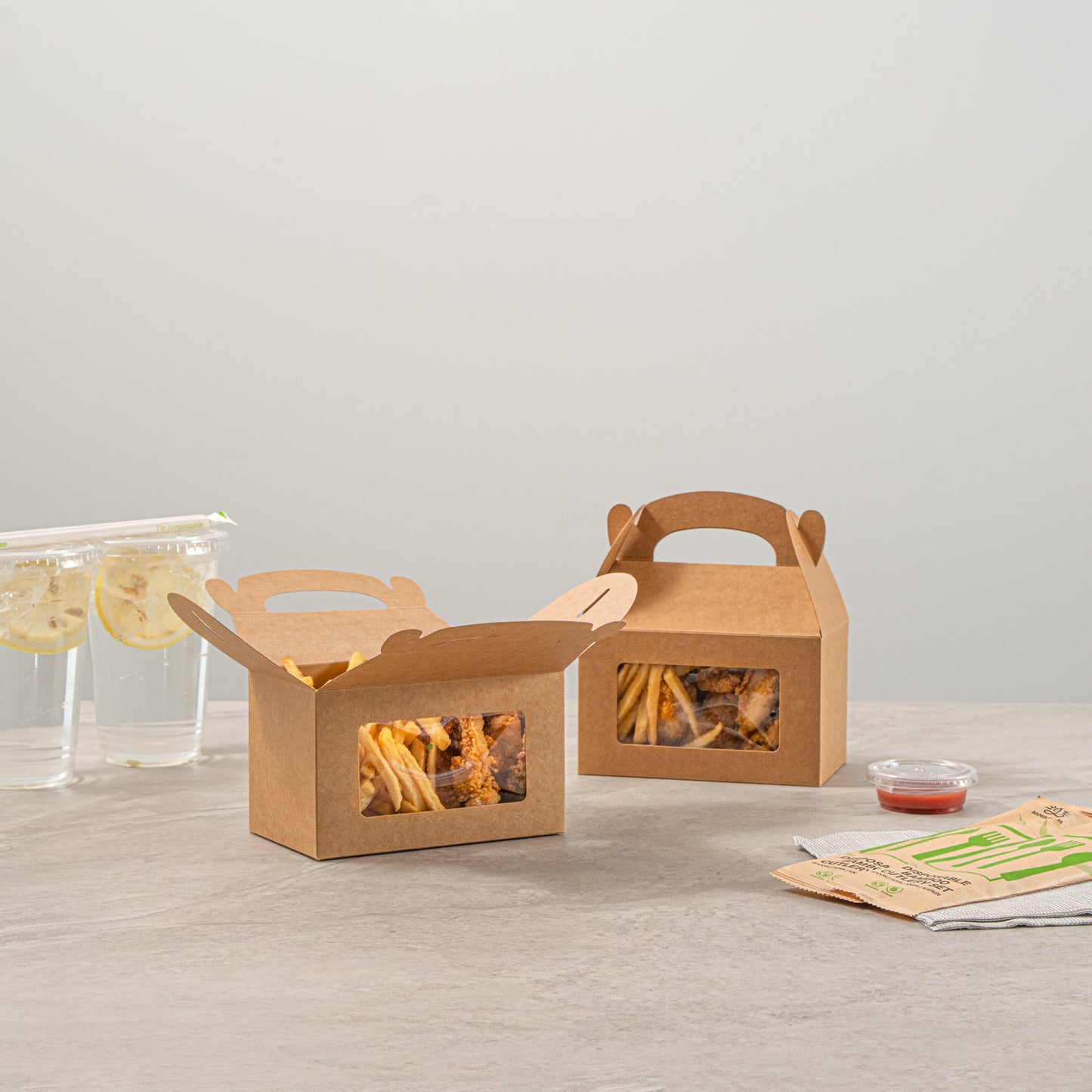 Bio Tek Kraft Paper Gable Box / Take Out Container - Greaseproof, with Window - 6" x 3 1/2" x 3 1/2" - 100 count box