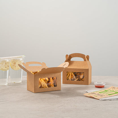 Bio Tek Kraft Paper Gable Box / Take Out Container - Greaseproof, with Window - 6" x 3 1/2" x 3 1/2" - 100 count box