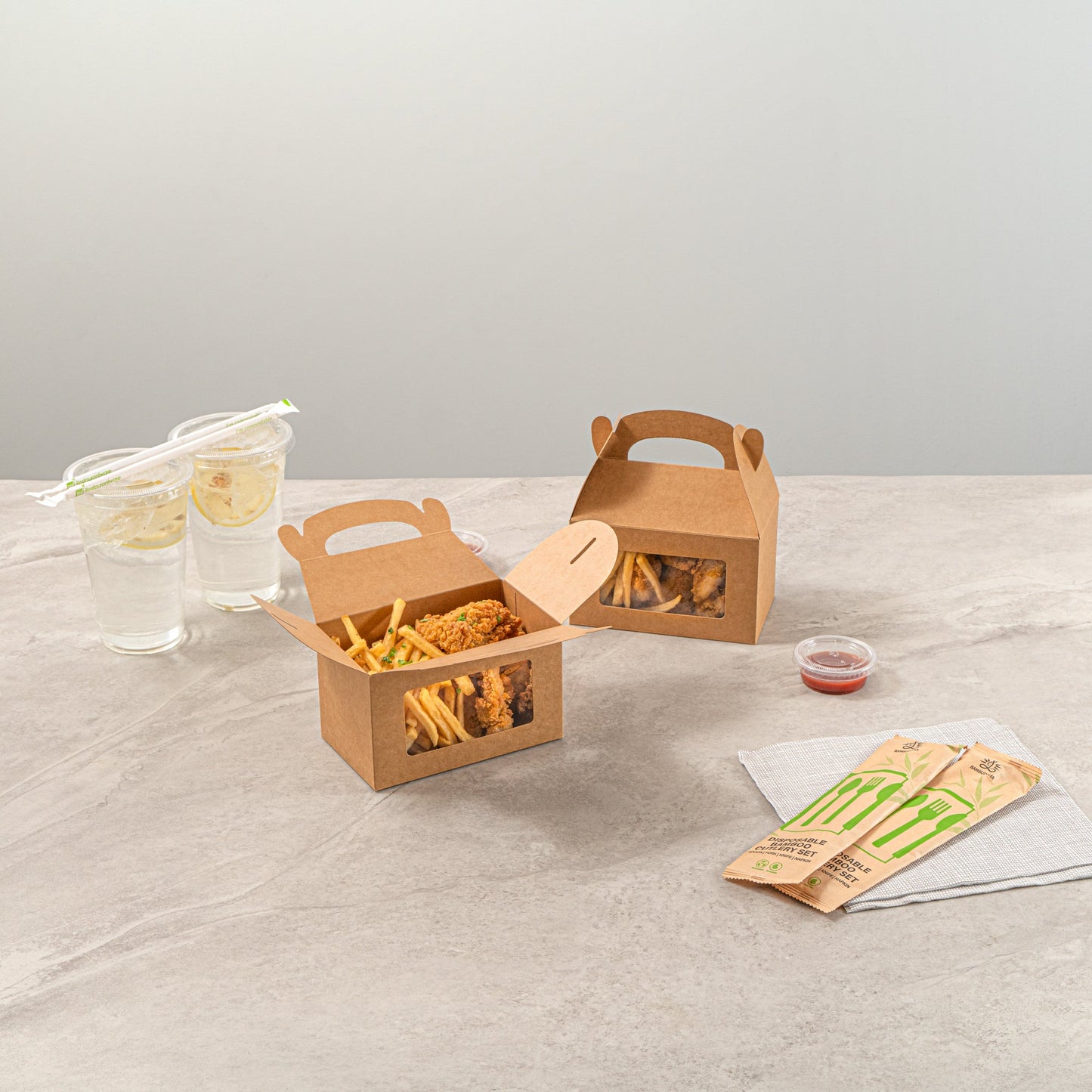 Bio Tek Kraft Paper Gable Box / Take Out Container - Greaseproof, with Window - 6" x 3 1/2" x 3 1/2" - 100 count box