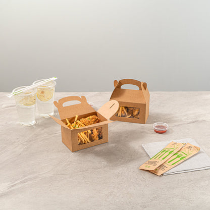 Bio Tek Kraft Paper Gable Box / Take Out Container - Greaseproof, with Window - 6" x 3 1/2" x 3 1/2" - 100 count box