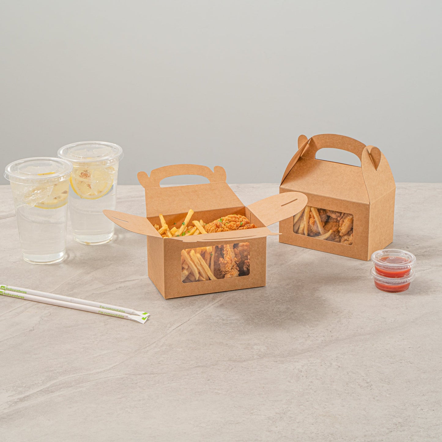Bio Tek Kraft Paper Gable Box / Take Out Container - Greaseproof, with Window - 6" x 3 1/2" x 3 1/2" - 100 count box