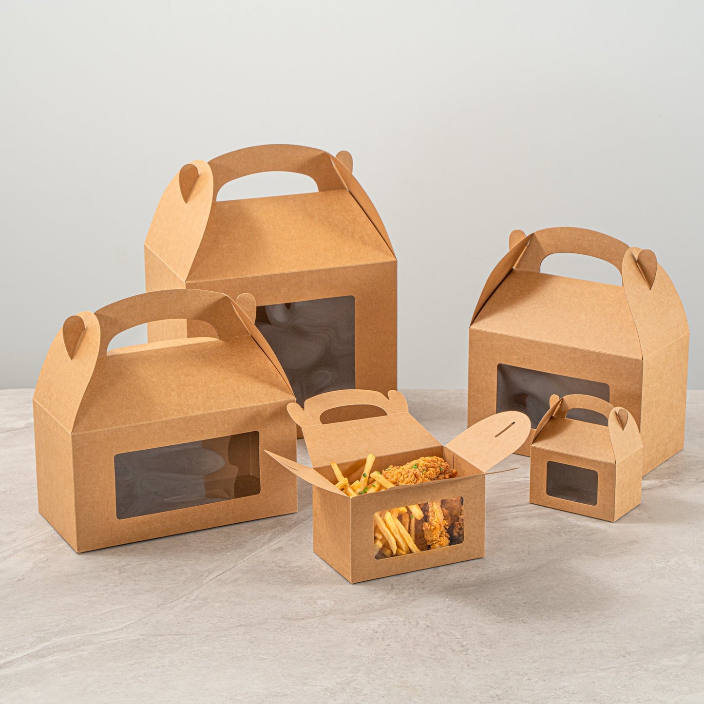Bio Tek Kraft Paper Gable Box / Take Out Container - Greaseproof, with Window - 6" x 3 1/2" x 3 1/2" - 100 count box