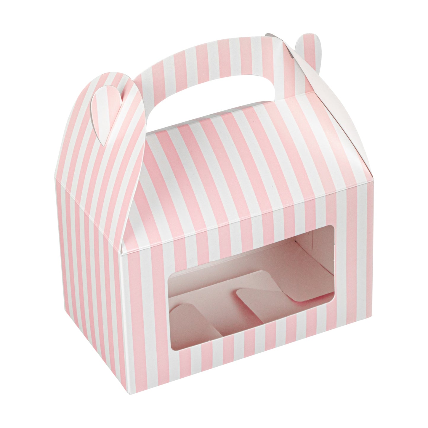 Bio Tek Pink and White Stripe Paper Gable Box / Take Out Container - with Window - 6" x 3 1/2" x 3 1/2" - 100 count box