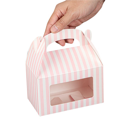 Bio Tek Pink and White Stripe Paper Gable Box / Take Out Container - with Window - 6" x 3 1/2" x 3 1/2" - 100 count box