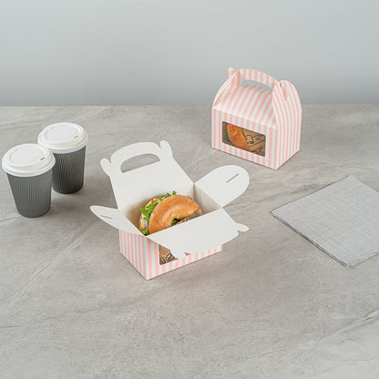 Bio Tek Pink and White Stripe Paper Gable Box / Take Out Container - with Window - 6" x 3 1/2" x 3 1/2" - 100 count box