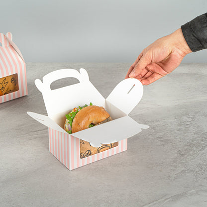 Bio Tek Pink and White Stripe Paper Gable Box / Take Out Container - with Window - 6" x 3 1/2" x 3 1/2" - 100 count box
