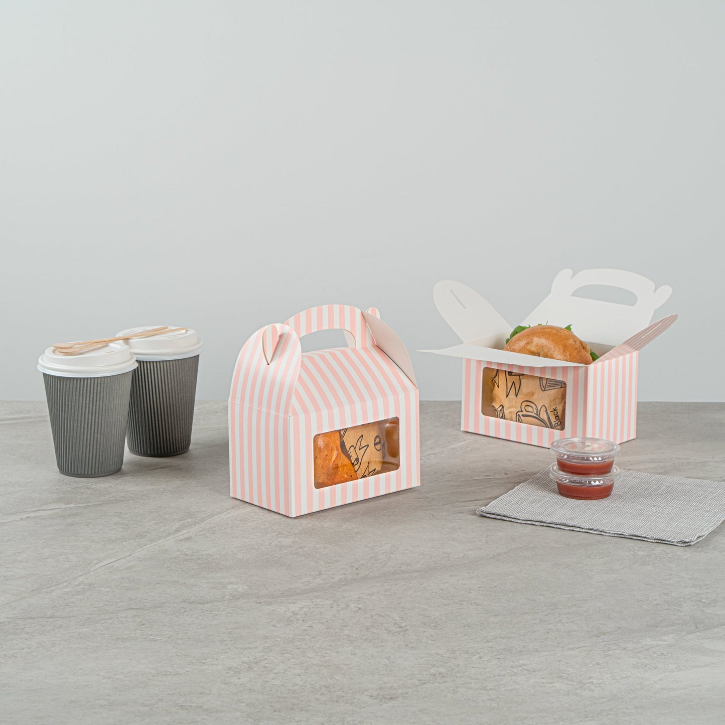 Bio Tek Pink and White Stripe Paper Gable Box / Take Out Container - with Window - 6" x 3 1/2" x 3 1/2" - 100 count box