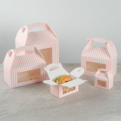 Bio Tek Pink and White Stripe Paper Gable Box / Take Out Container - with Window - 6" x 3 1/2" x 3 1/2" - 100 count box