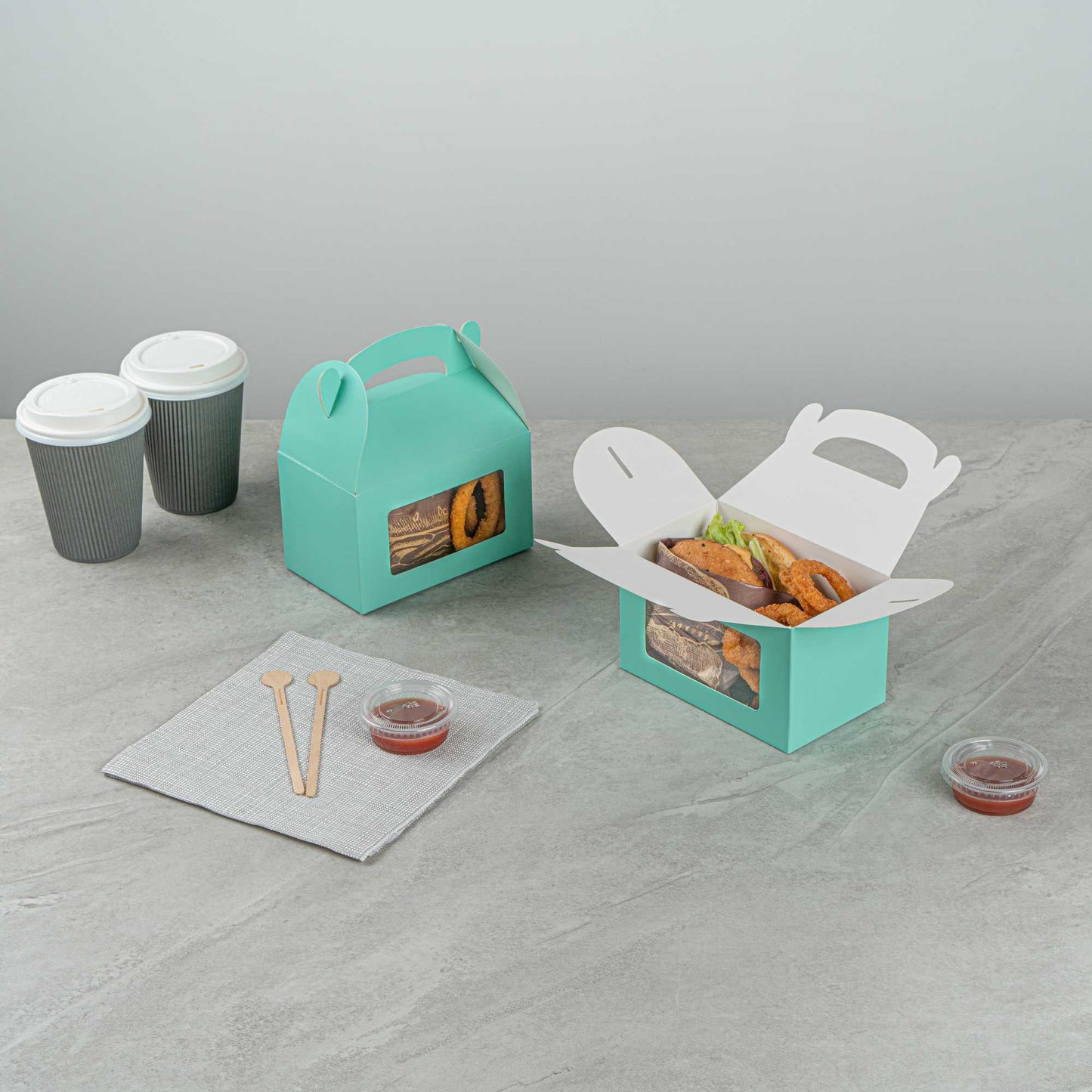 Bio Tek Turquoise Paper Gable Box / Take Out Container - with Window - 6" x 3 1/2" x 3 1/2" - 25 count box