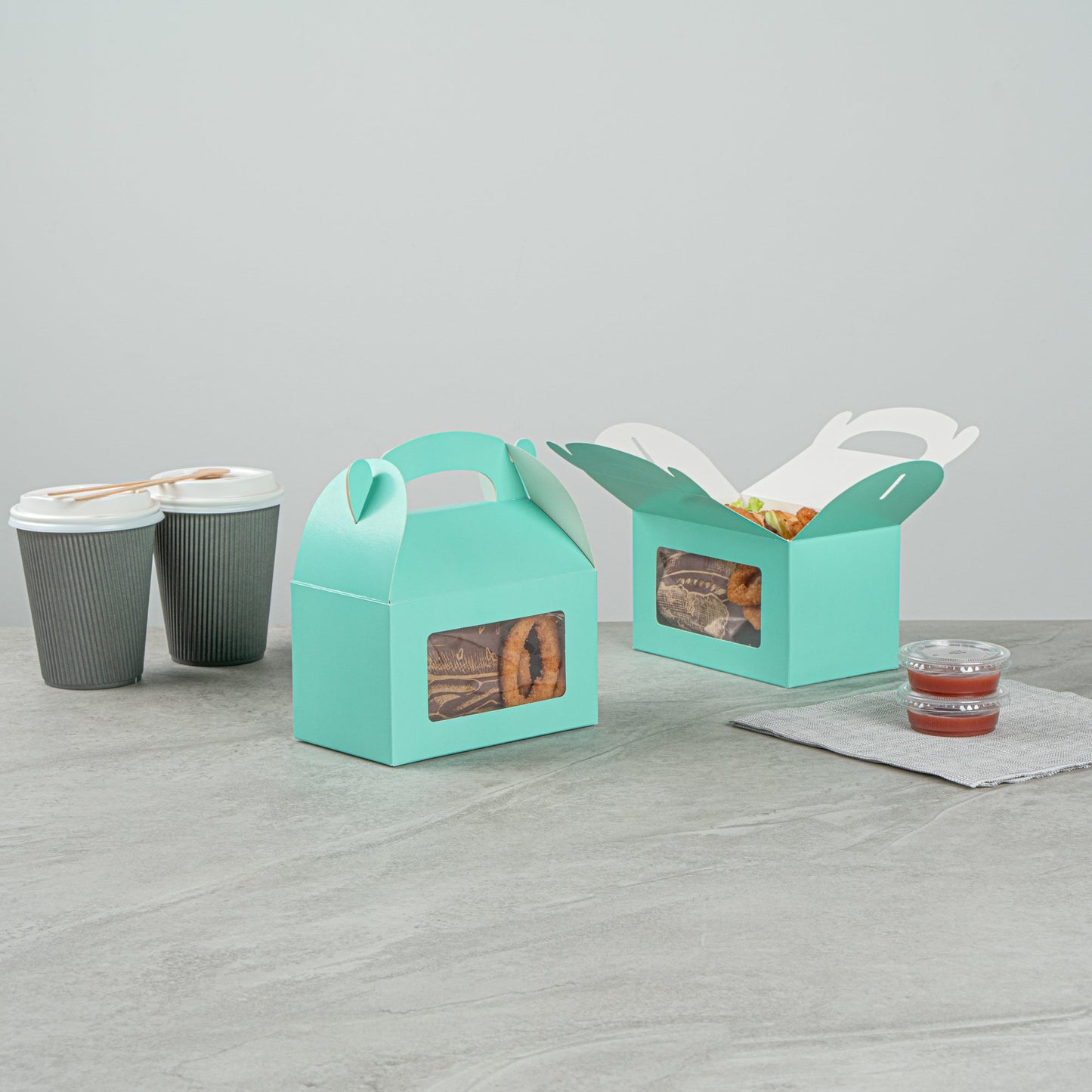 Bio Tek Turquoise Paper Gable Box / Take Out Container - with Window - 6" x 3 1/2" x 3 1/2" - 100 count box