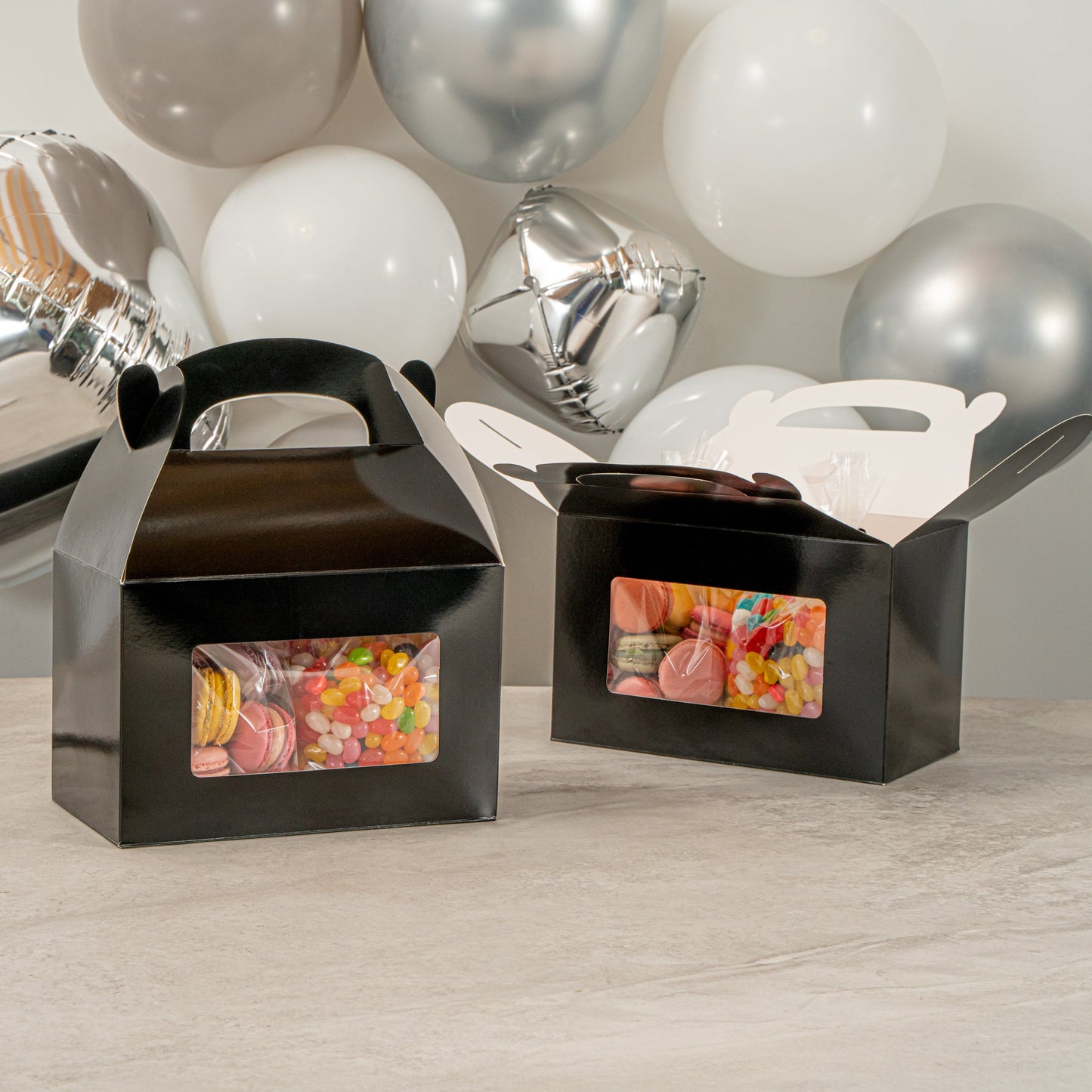 Bio Tek Black Paper Gable Box / Take Out Container - Greaseproof, with Window - 8 1/2" x 4 3/4" x 5 1/2" - 25 count box