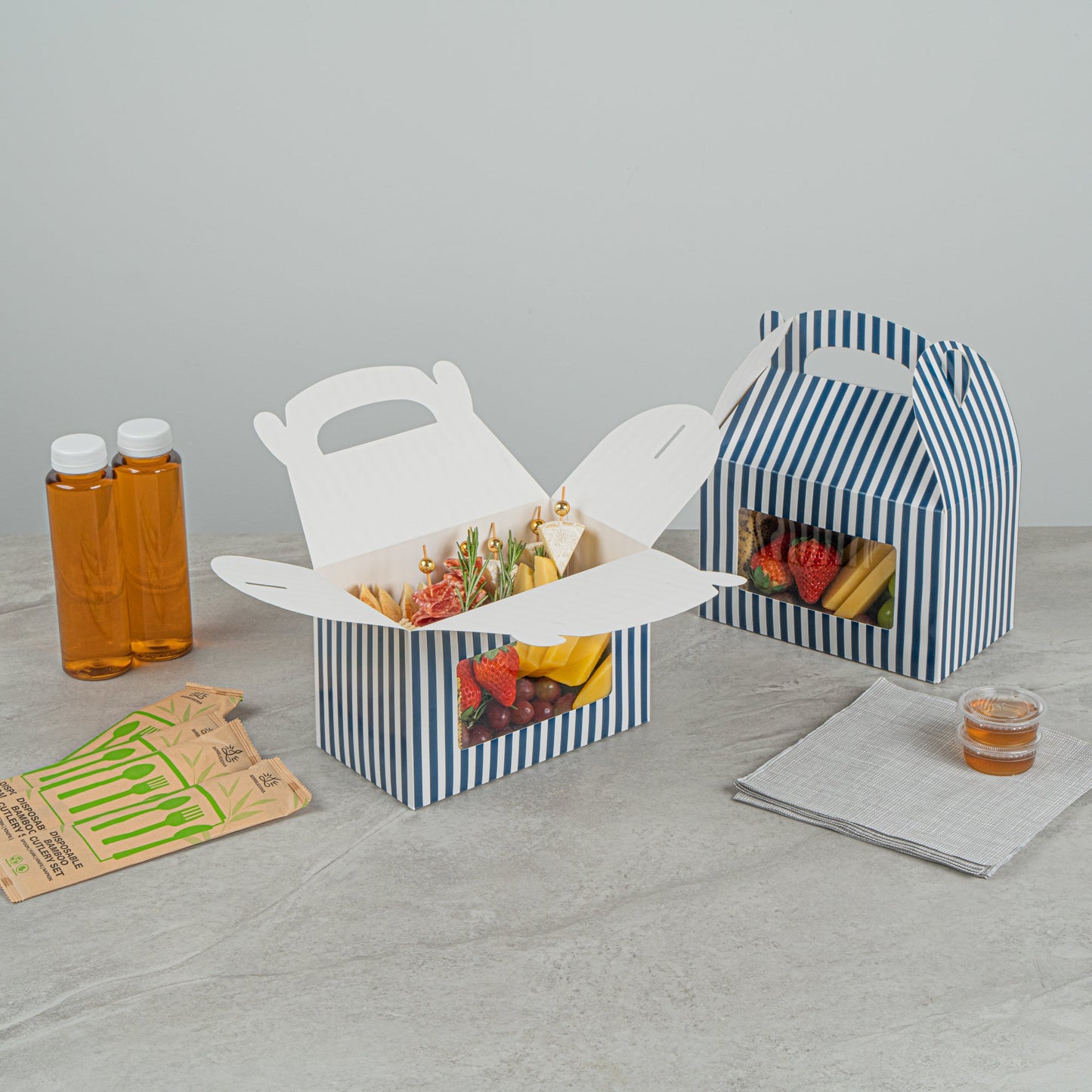 Bio Tek Blue and White Stripe Paper Gable Box / Take Out Container - with Window - 8 1/2" x 4 3/4" x 5 1/2" - 25 count box