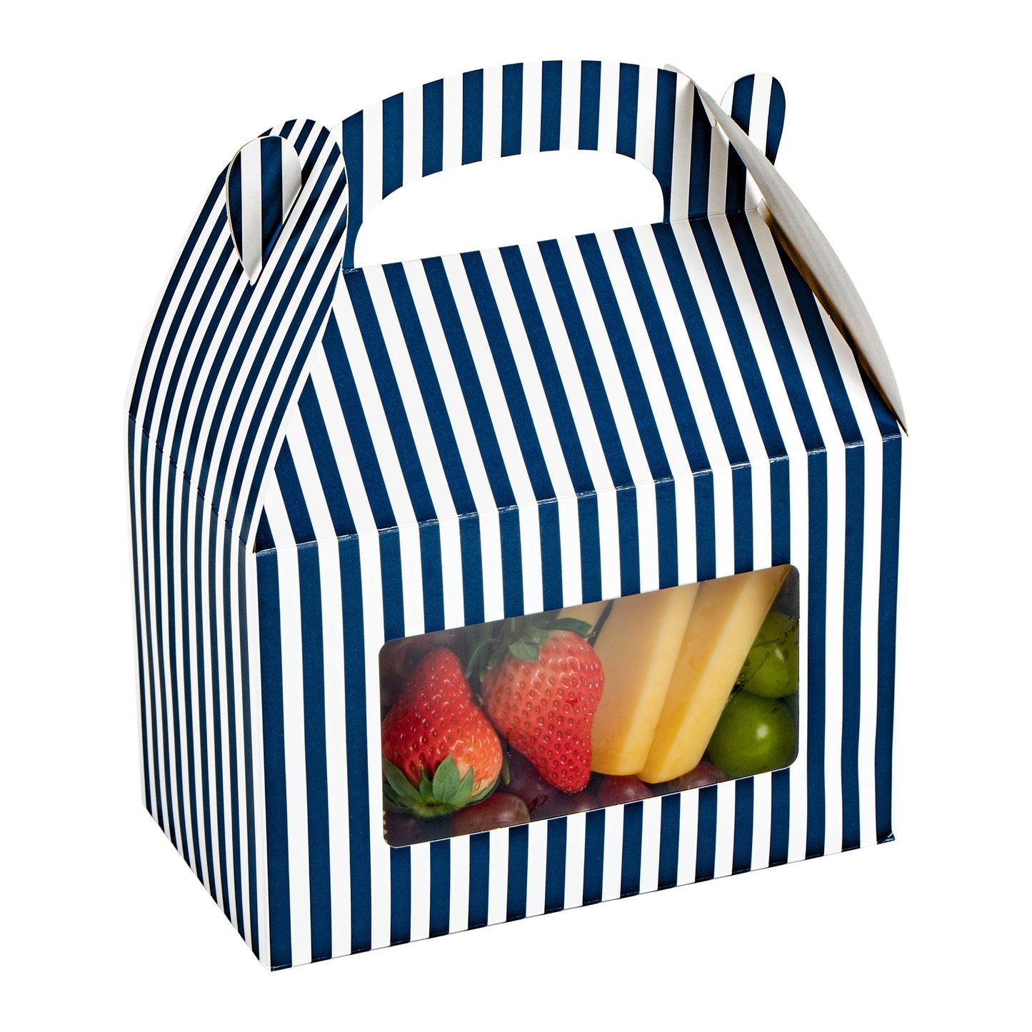 Bio Tek Blue and White Stripe Paper Gable Box / Take Out Container - with Window - 8 1/2" x 4 3/4" x 5 1/2" - 25 count box