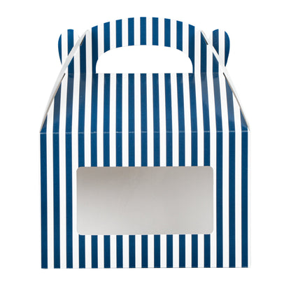 Bio Tek Blue and White Stripe Paper Gable Box / Take Out Container - with Window - 8 1/2" x 4 3/4" x 5 1/2" - 25 count box