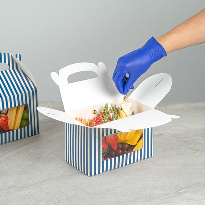 Bio Tek Blue and White Stripe Paper Gable Box / Take Out Container - with Window - 8 1/2" x 4 3/4" x 5 1/2" - 25 count box