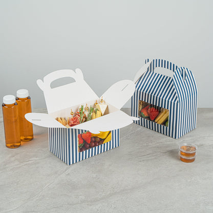 Bio Tek Blue and White Stripe Paper Gable Box / Take Out Container - with Window - 8 1/2" x 4 3/4" x 5 1/2" - 25 count box