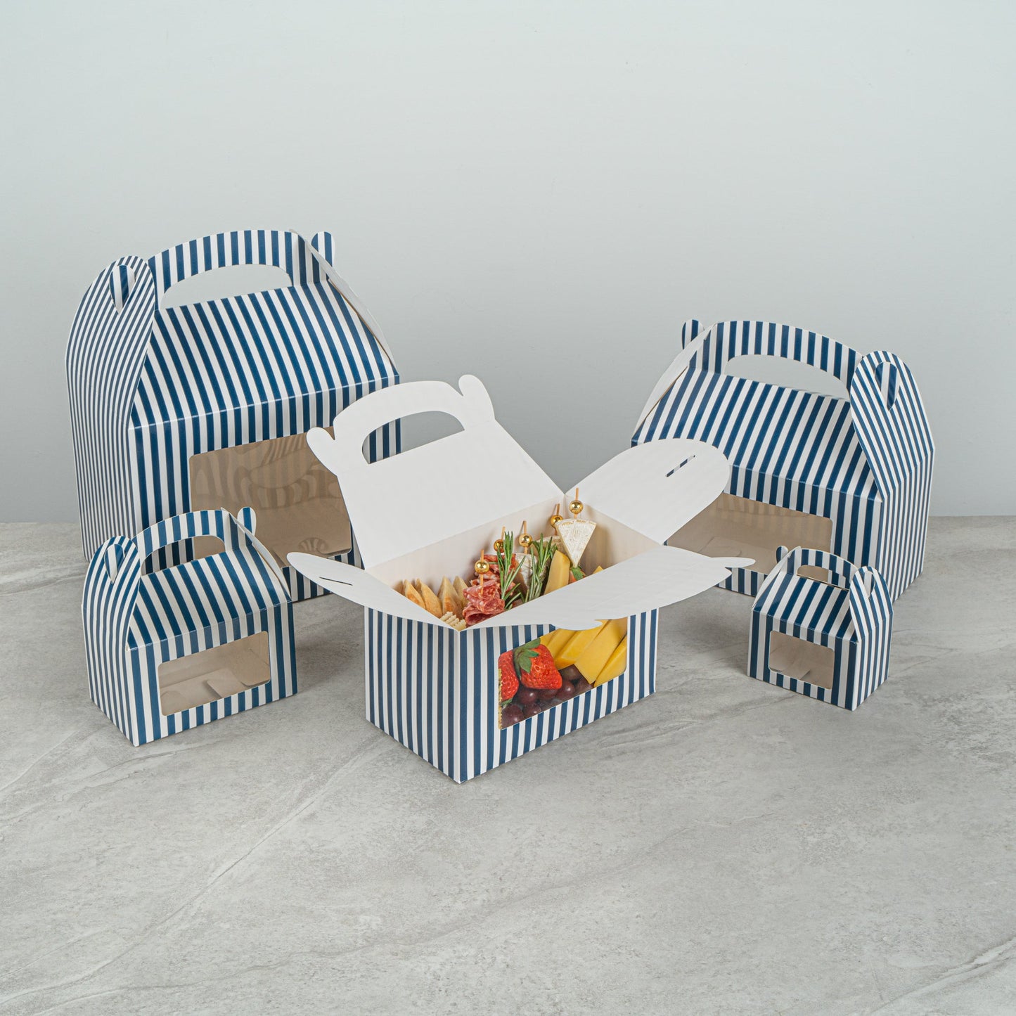 Bio Tek Blue and White Stripe Paper Gable Box / Take Out Container - with Window - 8 1/2" x 4 3/4" x 5 1/2" - 25 count box
