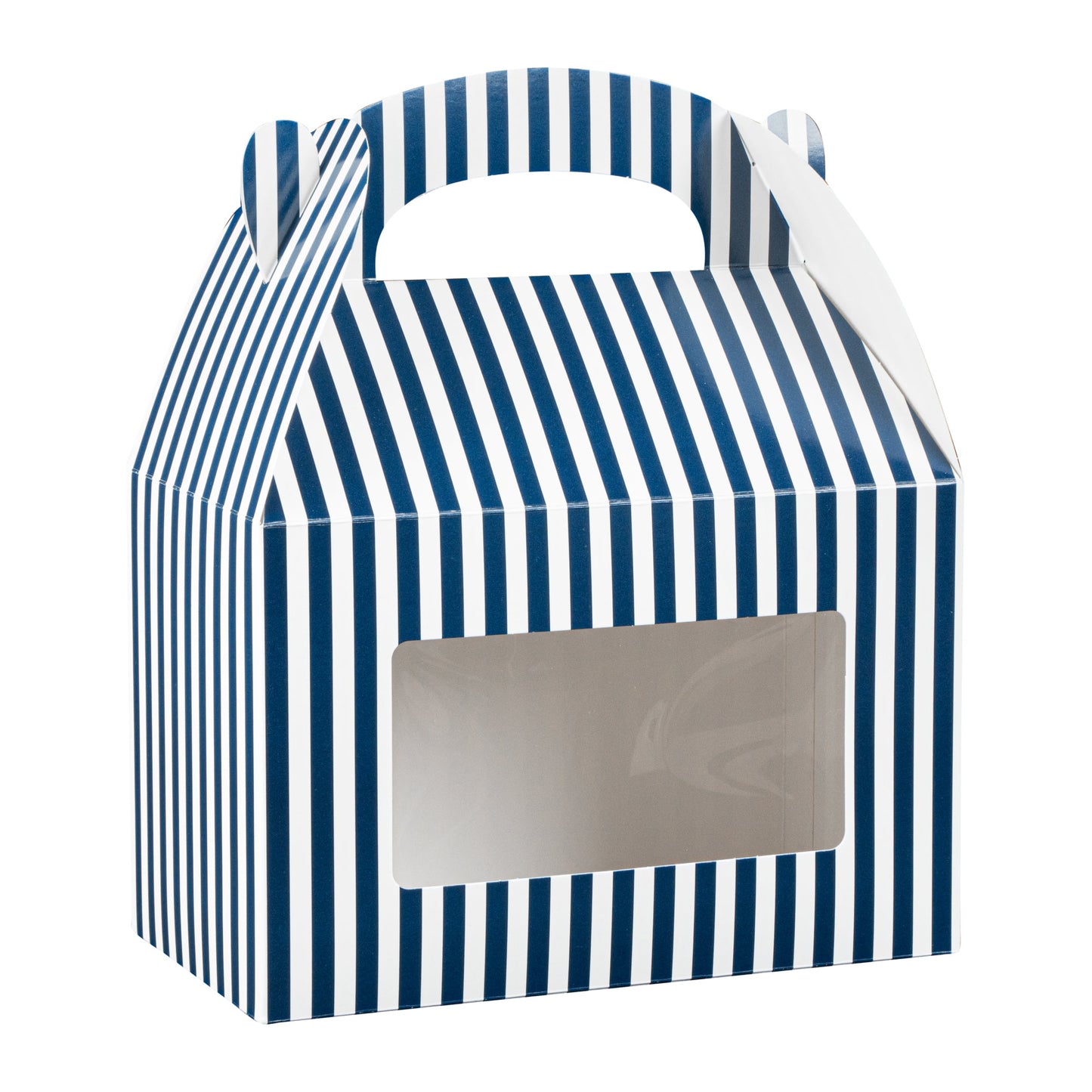 Bio Tek Blue and White Stripe Paper Gable Box / Take Out Container - with Window - 8 1/2" x 4 3/4" x 5 1/2" - 100 count box