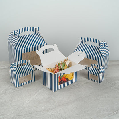Bio Tek Blue and White Stripe Paper Gable Box / Take Out Container - with Window - 8 1/2" x 4 3/4" x 5 1/2" - 100 count box
