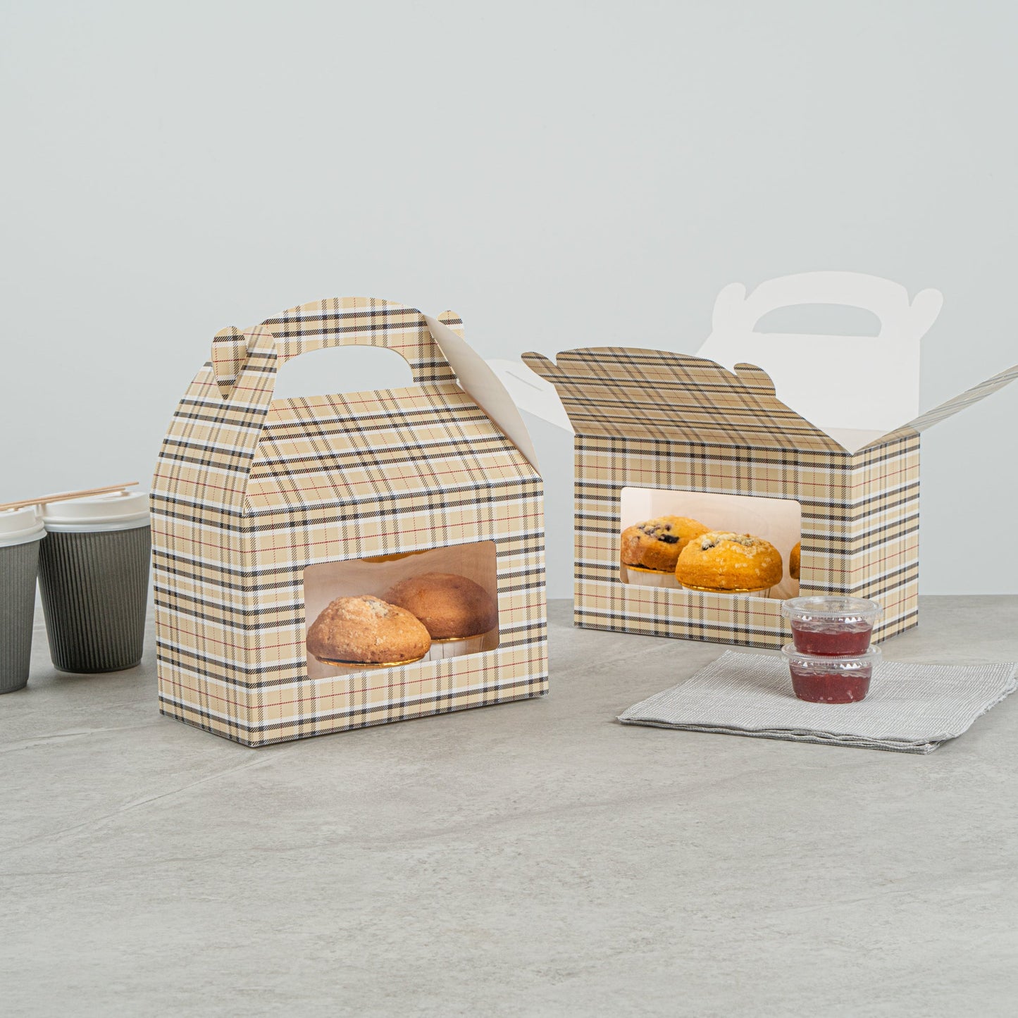 Bio Tek Plaid Paper Gable Box / Take Out Container - with Window - 8 1/2" x 4 3/4" x 5 1/2" - 25 count box