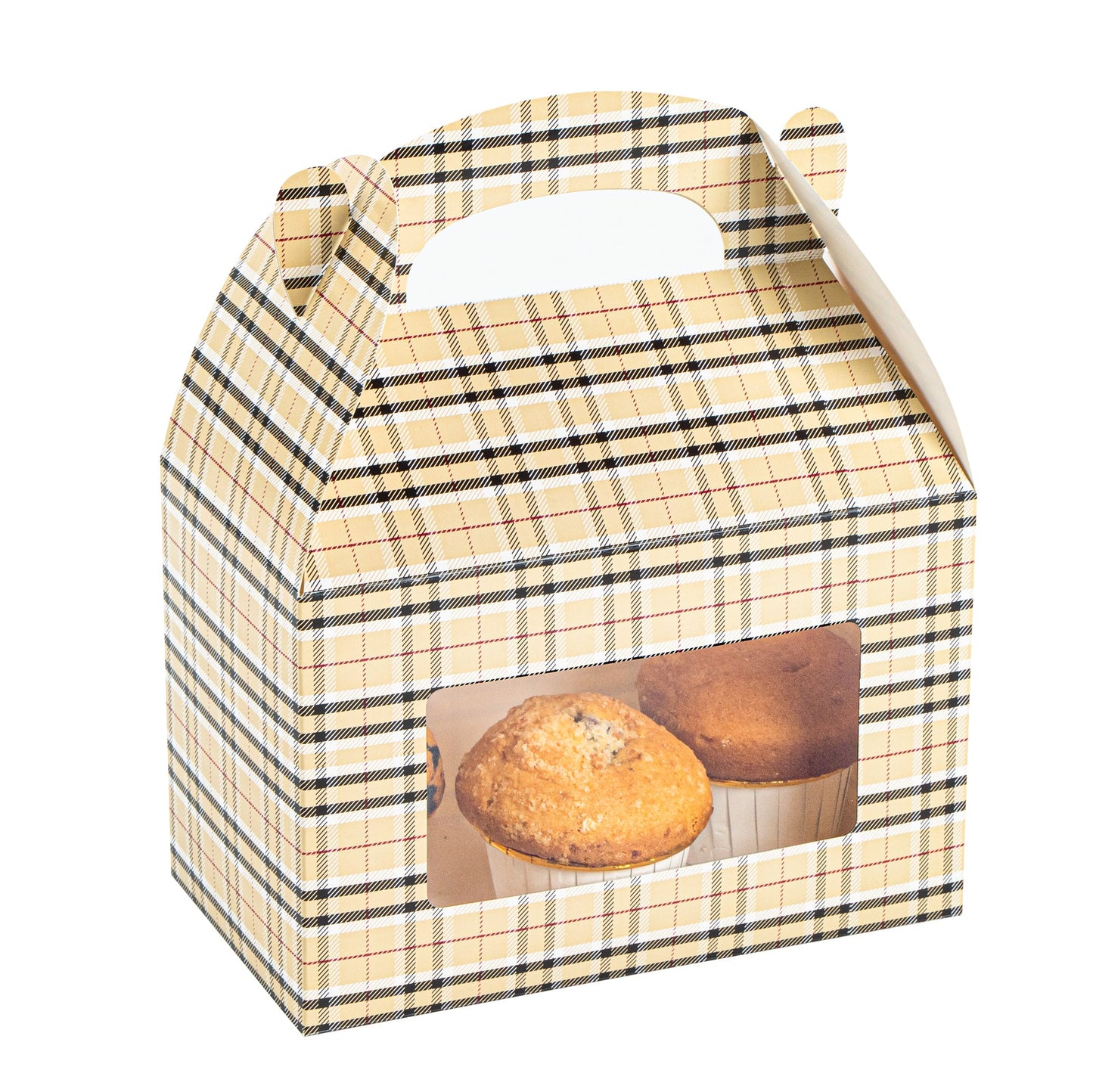 Bio Tek Plaid Paper Gable Box / Take Out Container - with Window - 8 1/2" x 4 3/4" x 5 1/2" - 25 count box