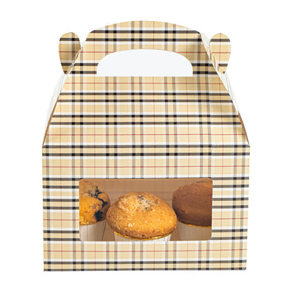 Bio Tek Plaid Paper Gable Box / Take Out Container - with Window - 8 1/2" x 4 3/4" x 5 1/2" - 25 count box
