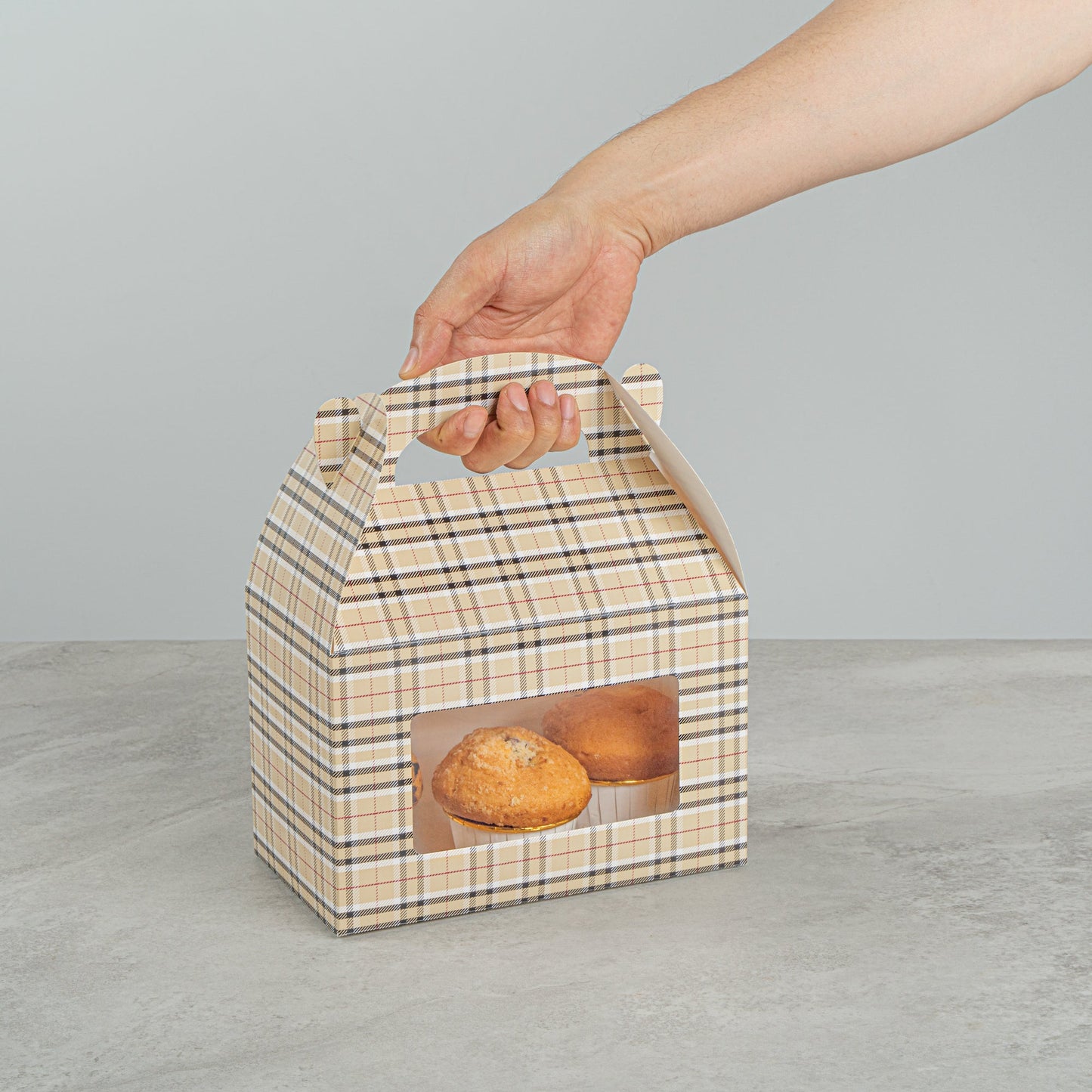 Bio Tek Plaid Paper Gable Box / Take Out Container - with Window - 8 1/2" x 4 3/4" x 5 1/2" - 25 count box