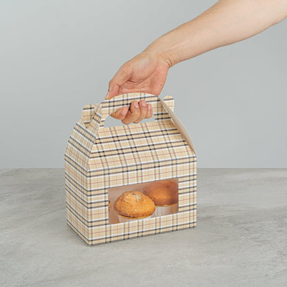 Bio Tek Plaid Paper Gable Box / Take Out Container - with Window - 8 1/2" x 4 3/4" x 5 1/2" - 25 count box