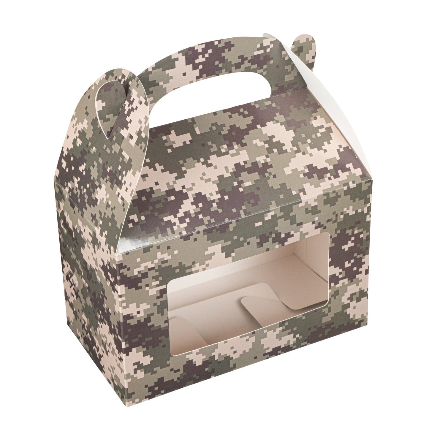 Bio Tek Camouflage Paper Gable Box / Take Out Container - with Window - 8 1/2" x 4 3/4" x 5 1/2" - 25 count box