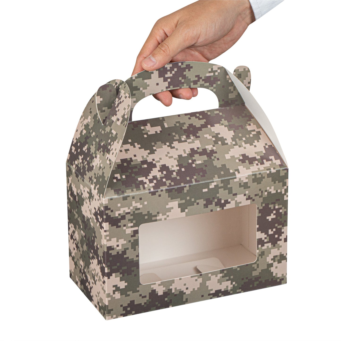 Bio Tek Camouflage Paper Gable Box / Take Out Container - with Window - 8 1/2" x 4 3/4" x 5 1/2" - 100 count box