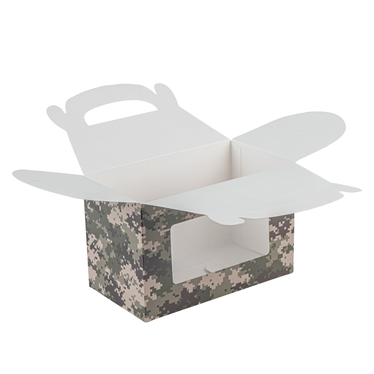 Bio Tek Camouflage Paper Gable Box / Take Out Container - with Window - 8 1/2" x 4 3/4" x 5 1/2" - 100 count box