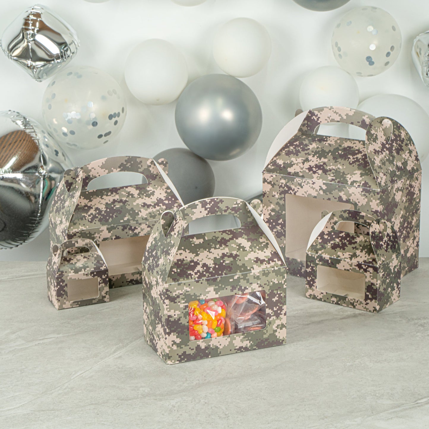 Bio Tek Camouflage Paper Gable Box / Take Out Container - with Window - 8 1/2" x 4 3/4" x 5 1/2" - 100 count box