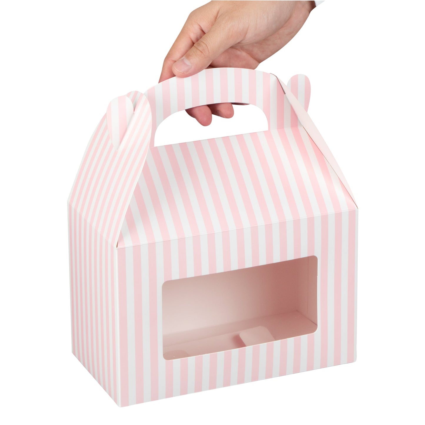 Bio Tek Pink and White Stripe Gable Box / Take Out Container - with Window - 8 1/2" x 4 3/4" x 5 1/2" - 25 count box