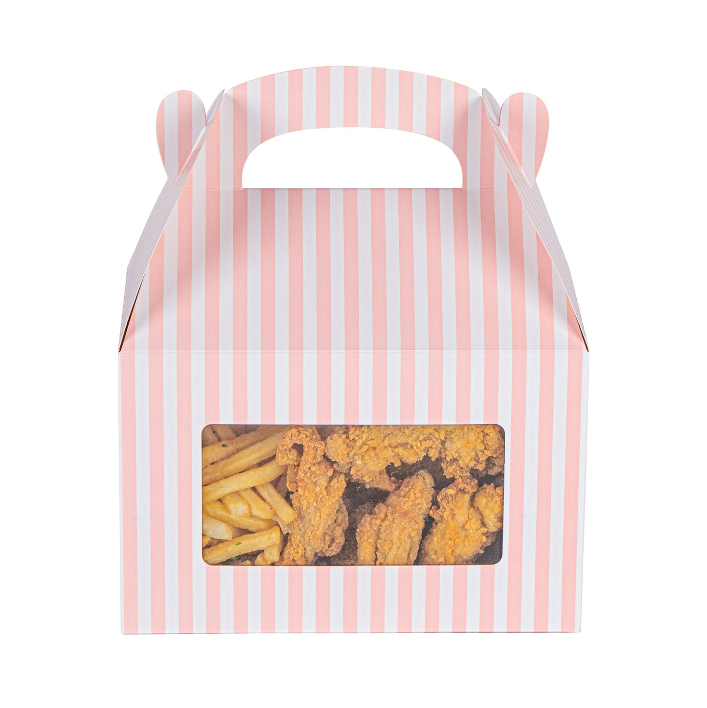 Bio Tek Pink and White Stripe Gable Box / Take Out Container - with Window - 8 1/2" x 4 3/4" x 5 1/2" - 25 count box